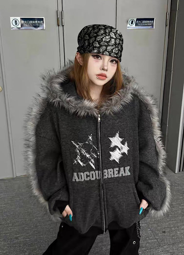 【TR BRUSHSHIFT】Line style design over fur hoodie jacket  TB0073