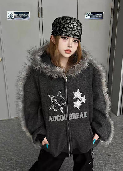 【TR BRUSHSHIFT】Line style design over fur hoodie jacket  TB0073