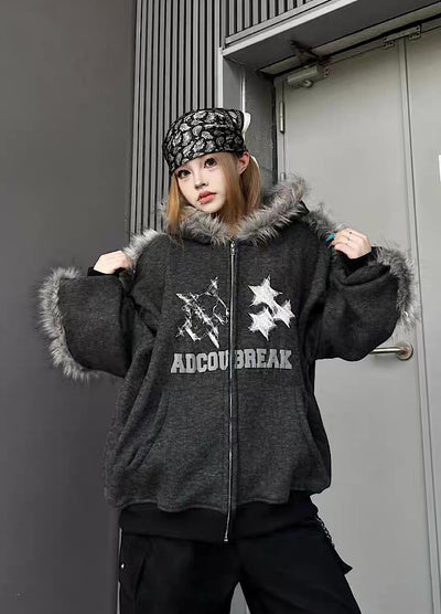 【TR BRUSHSHIFT】Line style design over fur hoodie jacket  TB0073