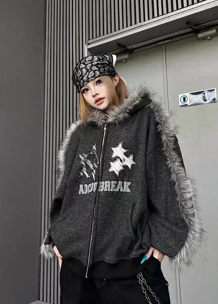 【TR BRUSHSHIFT】Line style design over fur hoodie jacket  TB0073