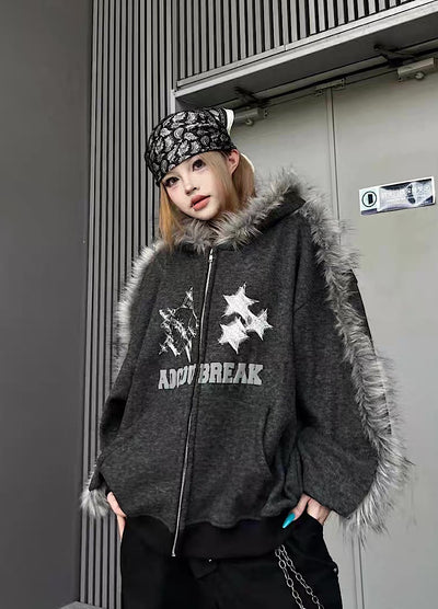 【TR BRUSHSHIFT】Line style design over fur hoodie jacket  TB0073
