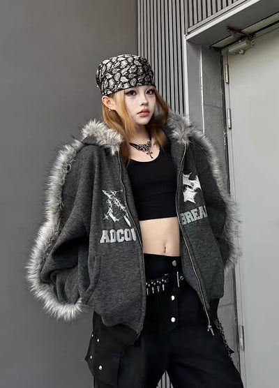 【TR BRUSHSHIFT】Line style design over fur hoodie jacket  TB0073