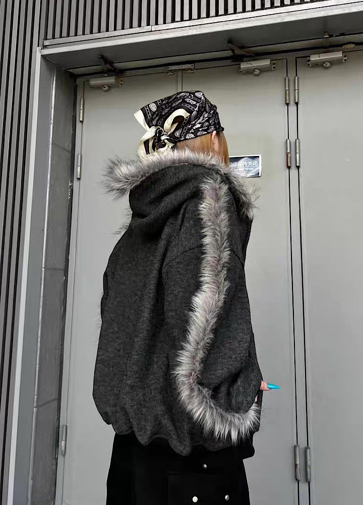 【TR BRUSHSHIFT】Line style design over fur hoodie jacket  TB0073