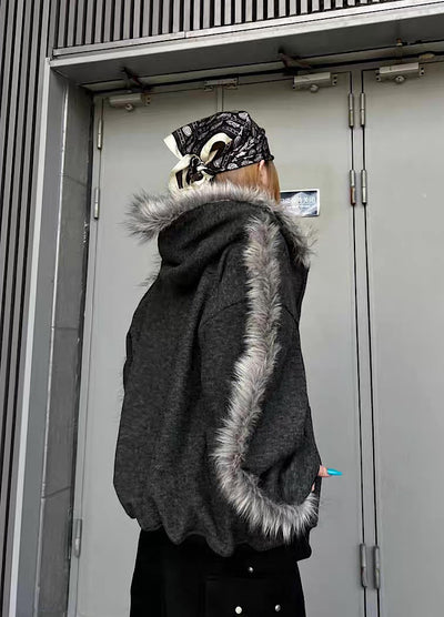 【TR BRUSHSHIFT】Line style design over fur hoodie jacket  TB0073