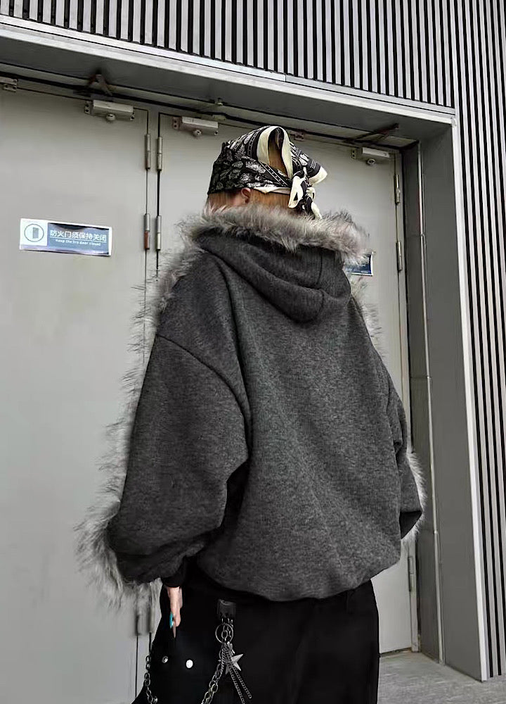 【TR BRUSHSHIFT】Line style design over fur hoodie jacket  TB0073