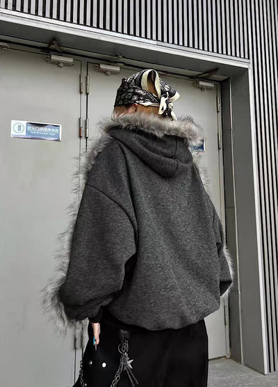 【TR BRUSHSHIFT】Line style design over fur hoodie jacket  TB0073