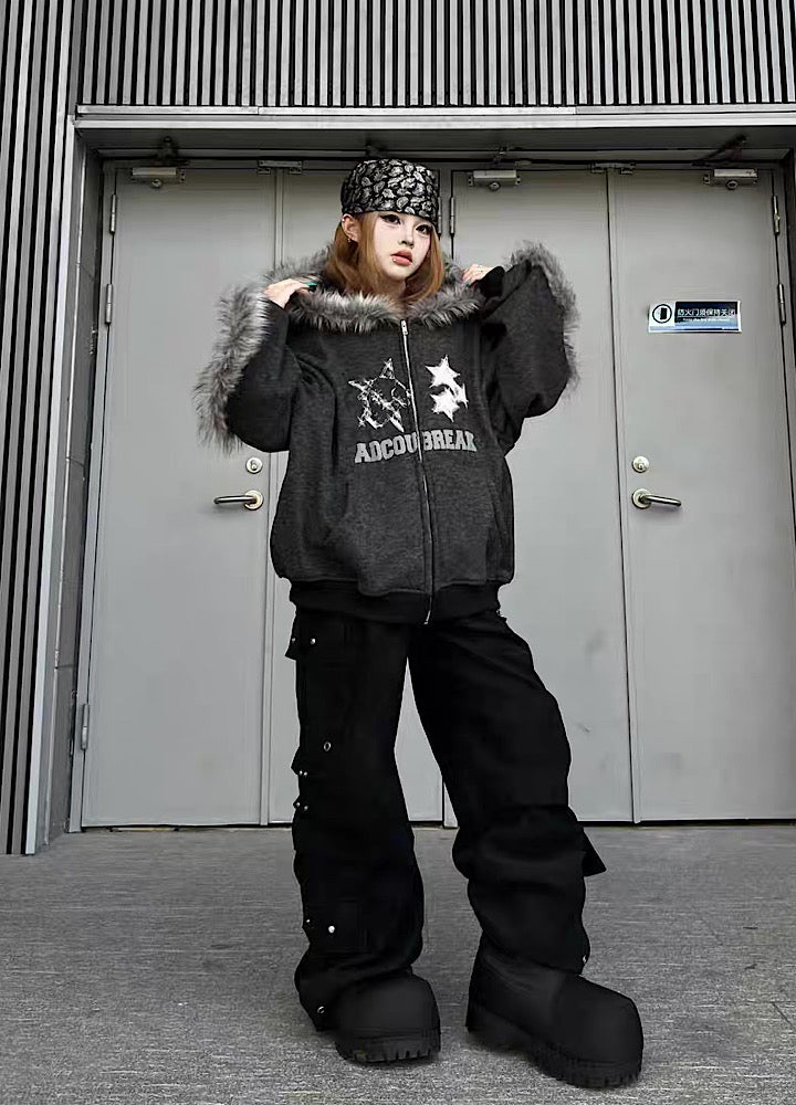 【TR BRUSHSHIFT】Line style design over fur hoodie jacket  TB0073