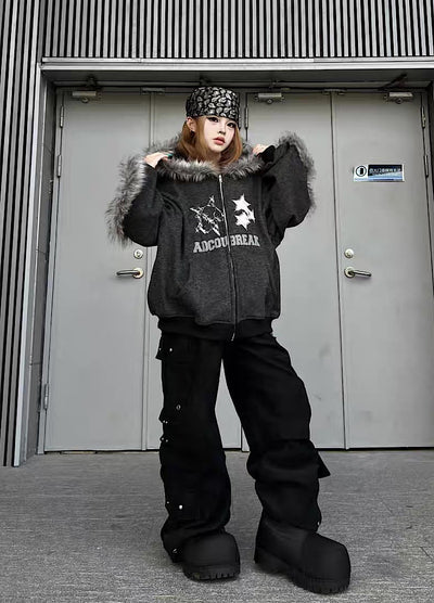 【TR BRUSHSHIFT】Line style design over fur hoodie jacket  TB0073