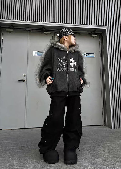 【TR BRUSHSHIFT】Line style design over fur hoodie jacket  TB0073