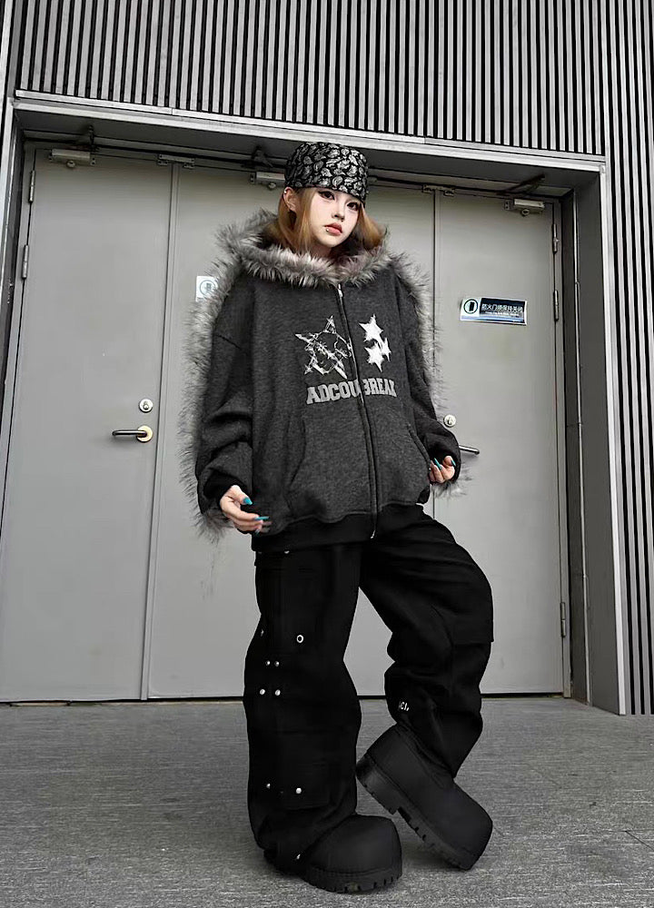 【TR BRUSHSHIFT】Line style design over fur hoodie jacket  TB0073