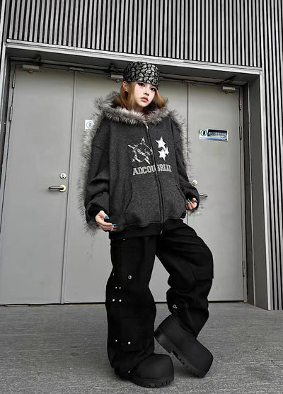 【TR BRUSHSHIFT】Line style design over fur hoodie jacket  TB0073