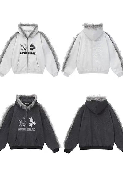 【TR BRUSHSHIFT】Line style design over fur hoodie jacket  TB0073