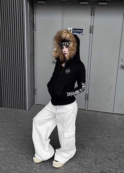 【TR BRUSHSHIFT】One-point cross design y2k fur puffer hoodie  TB0074