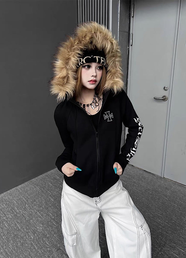 【TR BRUSHSHIFT】One-point cross design y2k fur puffer hoodie  TB0074