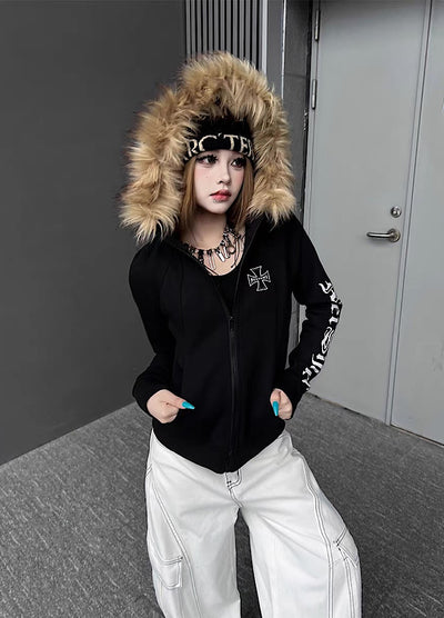 【TR BRUSHSHIFT】One-point cross design y2k fur puffer hoodie  TB0074