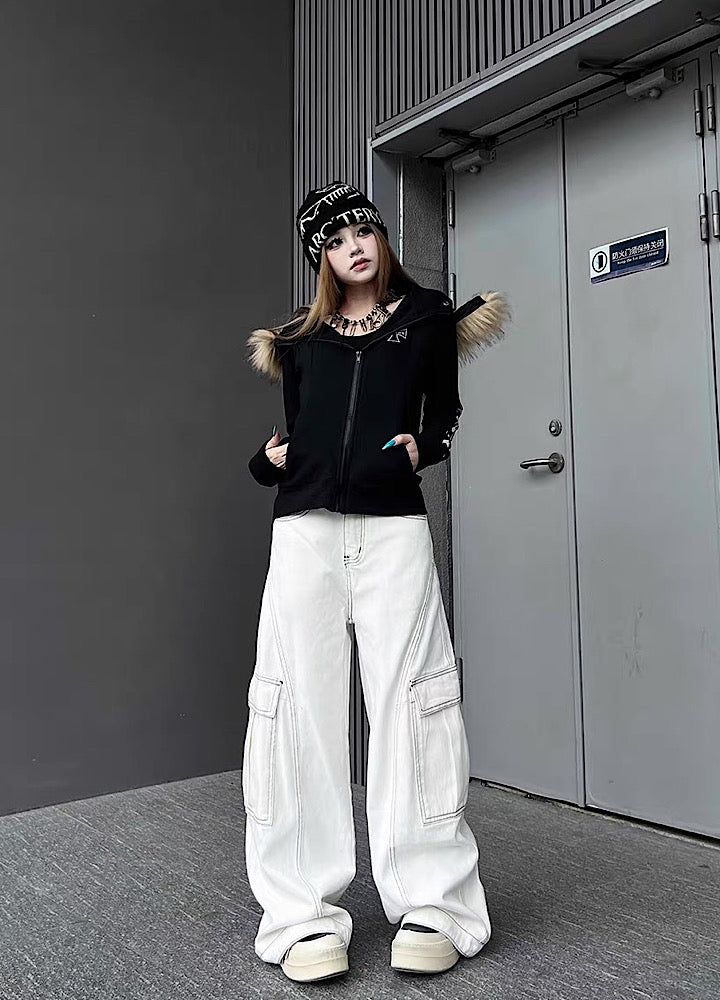 【TR BRUSHSHIFT】One-point cross design y2k fur puffer hoodie  TB0074