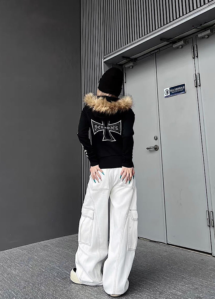 【TR BRUSHSHIFT】One-point cross design y2k fur puffer hoodie  TB0074