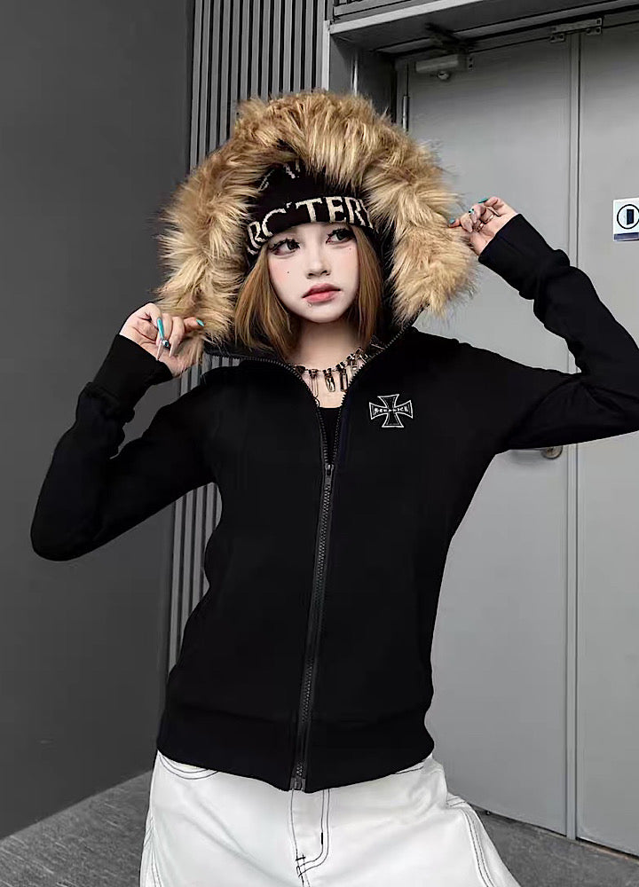 【TR BRUSHSHIFT】One-point cross design y2k fur puffer hoodie  TB0074