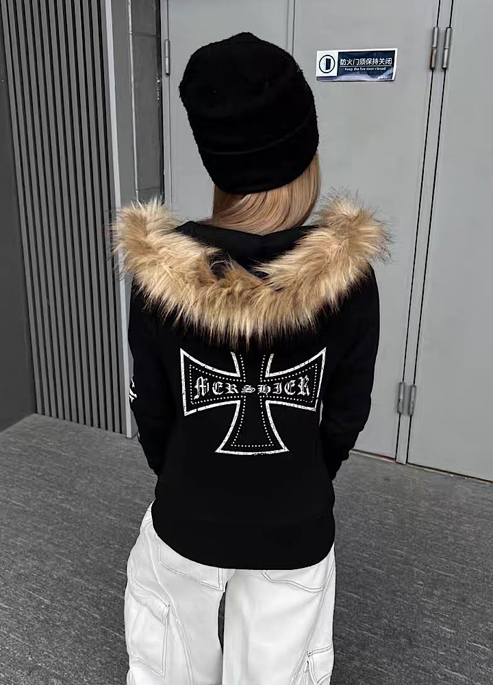 【TR BRUSHSHIFT】One-point cross design y2k fur puffer hoodie  TB0074