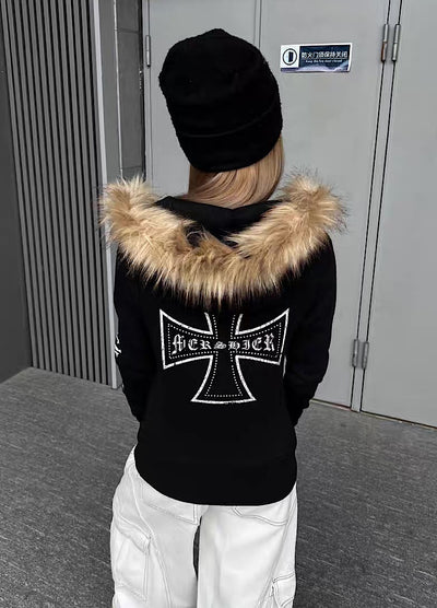 【TR BRUSHSHIFT】One-point cross design y2k fur puffer hoodie  TB0074