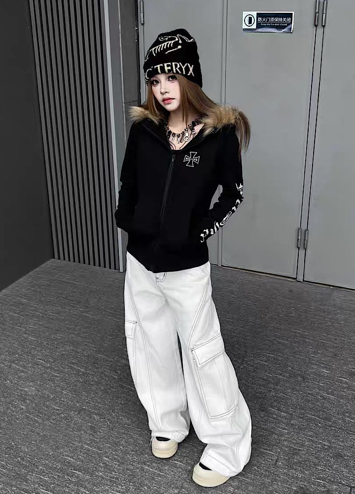 【TR BRUSHSHIFT】One-point cross design y2k fur puffer hoodie  TB0074