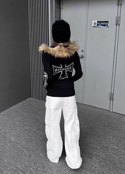 【TR BRUSHSHIFT】One-point cross design y2k fur puffer hoodie  TB0074