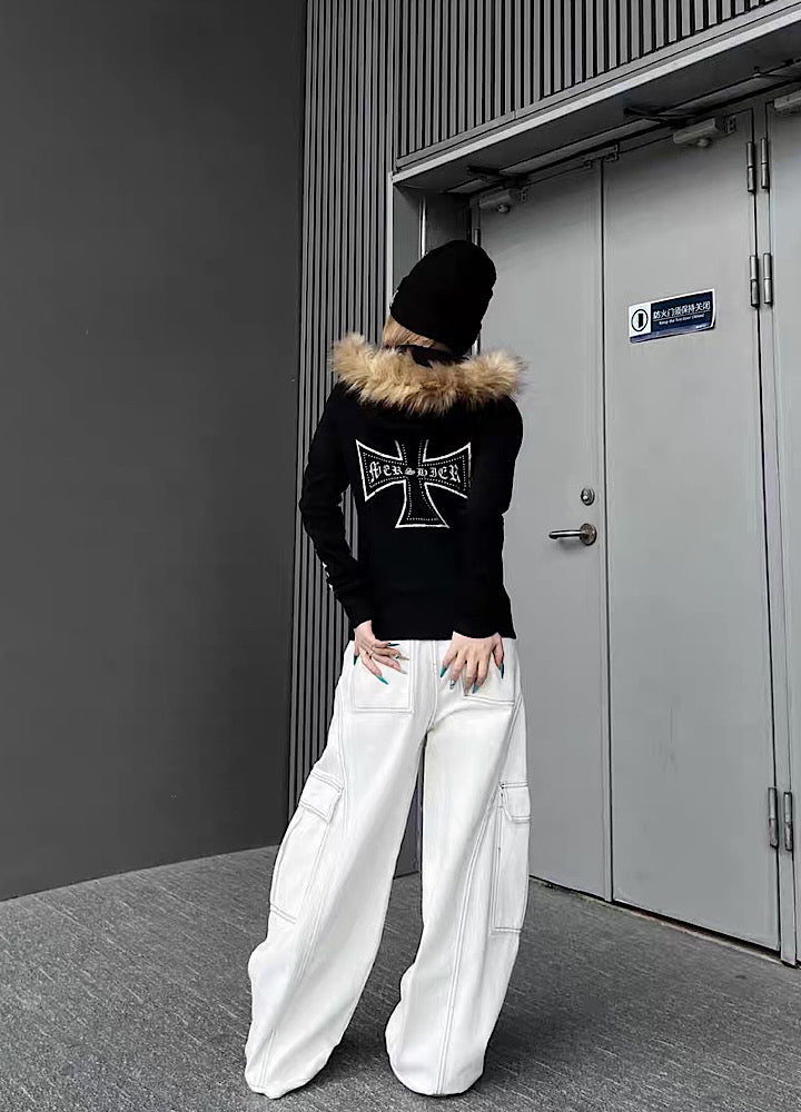 【TR BRUSHSHIFT】One-point cross design y2k fur puffer hoodie  TB0074