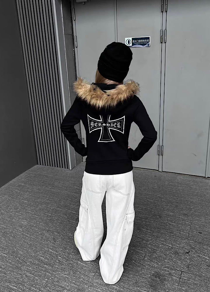 【TR BRUSHSHIFT】One-point cross design y2k fur puffer hoodie  TB0074