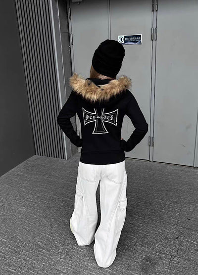 【TR BRUSHSHIFT】One-point cross design y2k fur puffer hoodie  TB0074