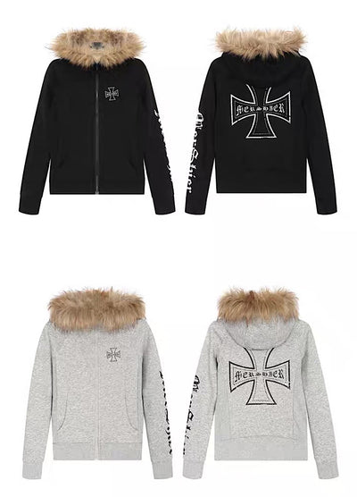 【TR BRUSHSHIFT】One-point cross design y2k fur puffer hoodie  TB0074