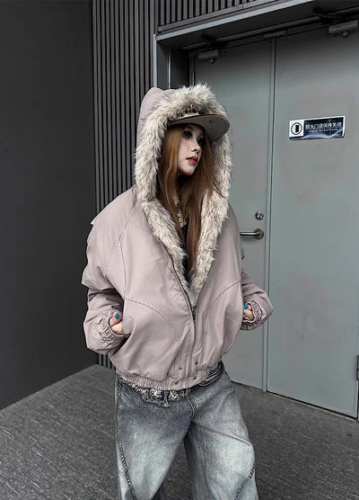 【TR BRUSHSHIFT】Simple multi-line design ribbed fur hoodie jacket  TB0075
