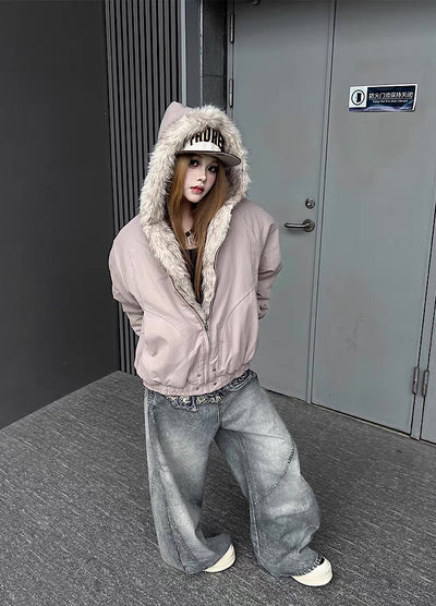 【TR BRUSHSHIFT】Simple multi-line design ribbed fur hoodie jacket  TB0075