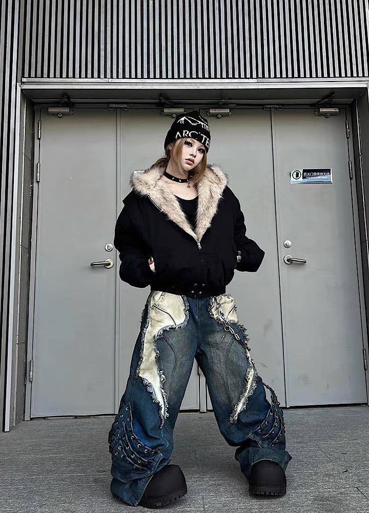 【TR BRUSHSHIFT】Simple multi-line design ribbed fur hoodie jacket  TB0075