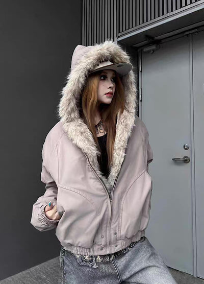 【TR BRUSHSHIFT】Simple multi-line design ribbed fur hoodie jacket  TB0075