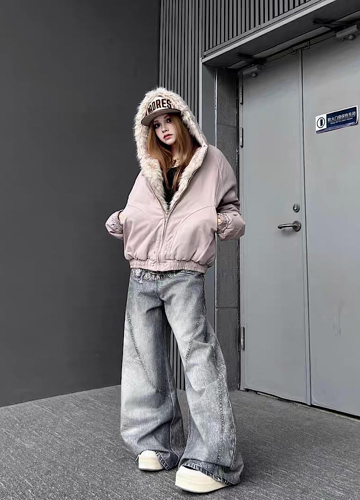 【TR BRUSHSHIFT】Simple multi-line design ribbed fur hoodie jacket  TB0075