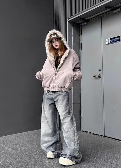 【TR BRUSHSHIFT】Simple multi-line design ribbed fur hoodie jacket  TB0075