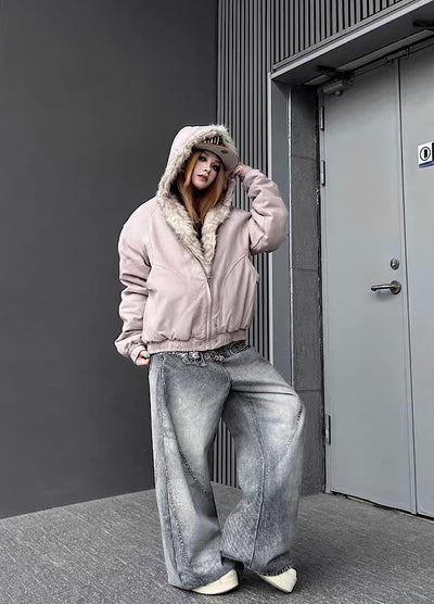 【TR BRUSHSHIFT】Simple multi-line design ribbed fur hoodie jacket  TB0075