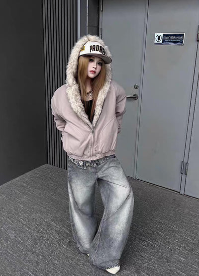 【TR BRUSHSHIFT】Simple multi-line design ribbed fur hoodie jacket  TB0075