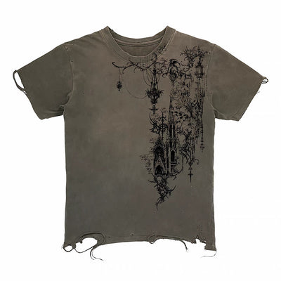 【6/10新作】Asymmetrical decadent enemy cross motif illustration design dark short-sleeved T-shirt  HL3278