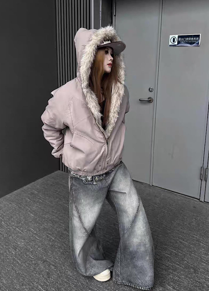 【TR BRUSHSHIFT】Simple multi-line design ribbed fur hoodie jacket  TB0075