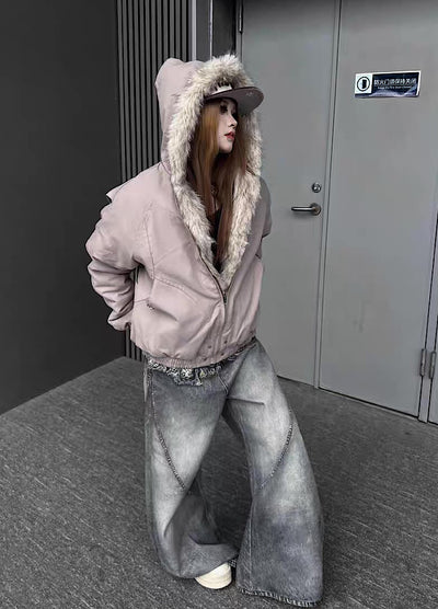 【TR BRUSHSHIFT】Simple multi-line design ribbed fur hoodie jacket  TB0075