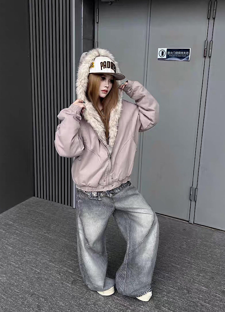 【TR BRUSHSHIFT】Simple multi-line design ribbed fur hoodie jacket  TB0075