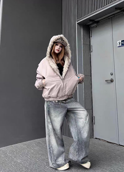 【TR BRUSHSHIFT】Simple multi-line design ribbed fur hoodie jacket  TB0075