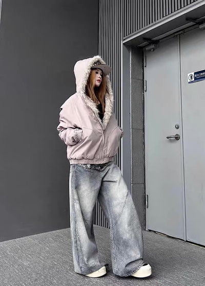 【TR BRUSHSHIFT】Simple multi-line design ribbed fur hoodie jacket  TB0075