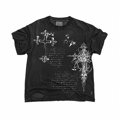 【6/10新作】Front cross motif cursive design dark style short-sleeved T-shirt  HL3279