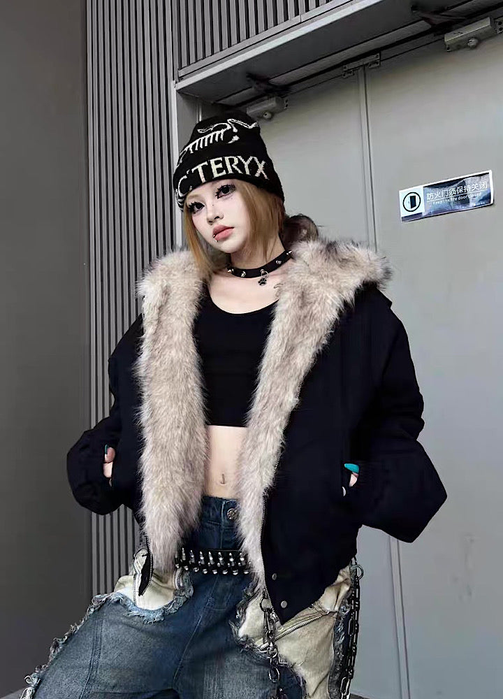 【TR BRUSHSHIFT】Simple multi-line design ribbed fur hoodie jacket  TB0075