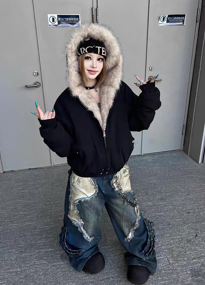 【TR BRUSHSHIFT】Simple multi-line design ribbed fur hoodie jacket  TB0075