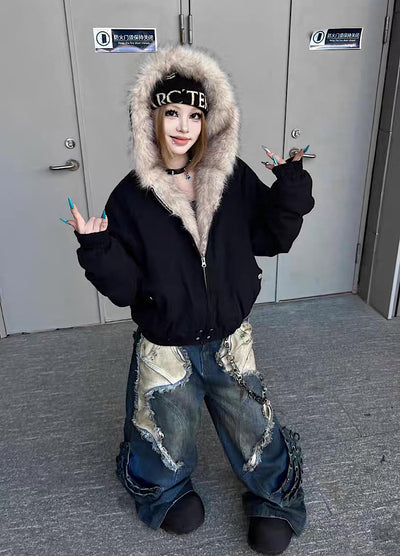 【TR BRUSHSHIFT】Simple multi-line design ribbed fur hoodie jacket  TB0075