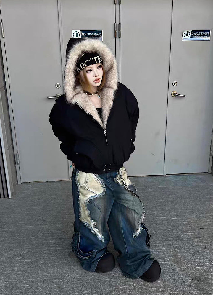 【TR BRUSHSHIFT】Simple multi-line design ribbed fur hoodie jacket  TB0075