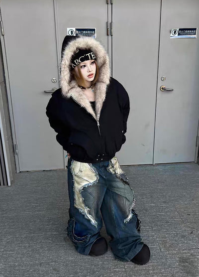 【TR BRUSHSHIFT】Simple multi-line design ribbed fur hoodie jacket  TB0075